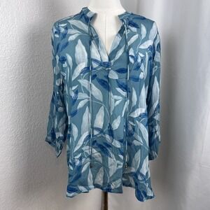 APNY Top Womens Large Blue Leaf Print Sheer Boho Beachy Vacation Resort Coastal